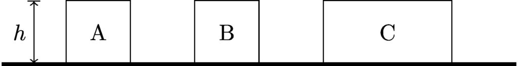 Three boxes lay side-by-side on the ground, labeled A, B, and C. All three have the same height, but box C is wider than boxes A and B.